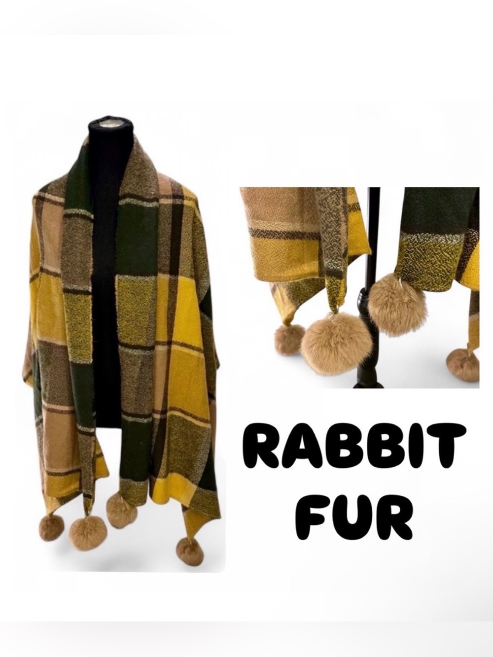 ⚡️SALE⚡️Vintage Plaid Shawl Scarf Genuine Rabbit Fur Pom Poms